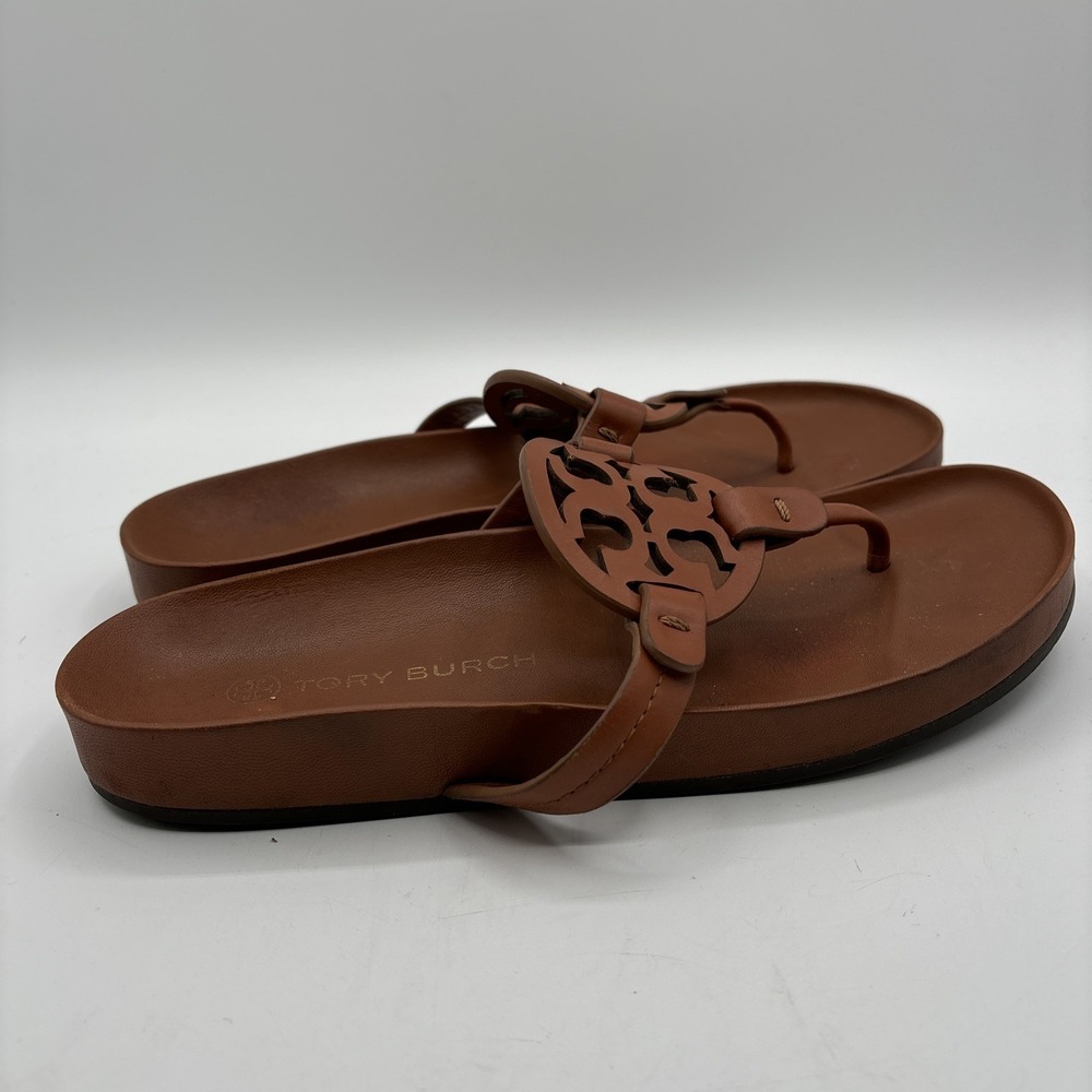 Tory Burch Miller Cloud Sandals Women's 8.5 Aged Camello Tan Leather Thong - Picture 6 of 11